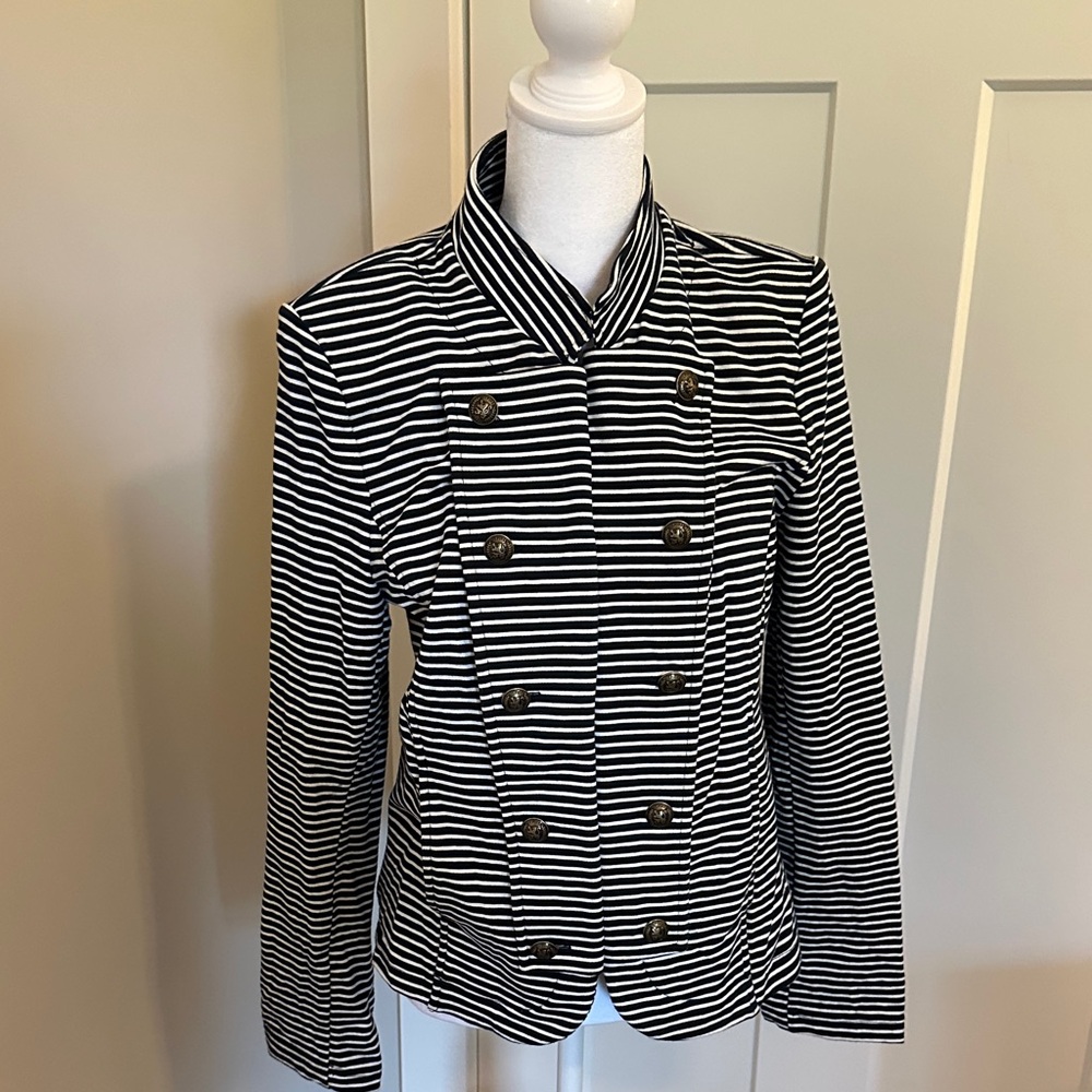 Tommy Hilfiger Womens Navy White Stripped Military Open Front Blazer Size M